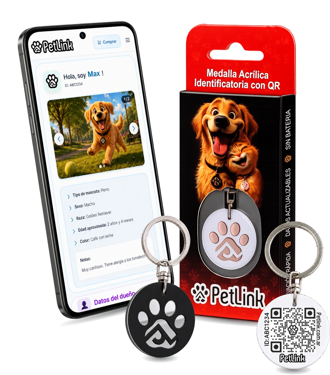 Medalla PetLink, dorso con código QR, packaging y perfil digital de la mascota